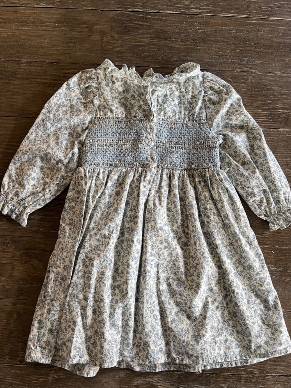 Smocked Floral Long Sleeve Dress - Blue and Cream